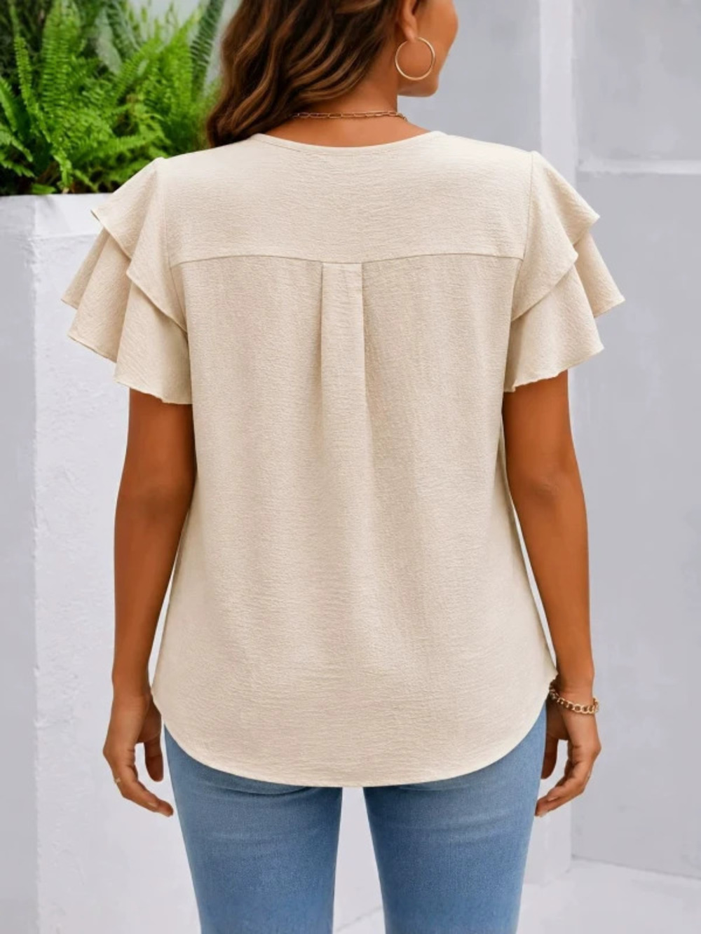 ZARA Women Casual Solid Pleated Short Sleeve Tee Double Layer Flutter Loose Fit